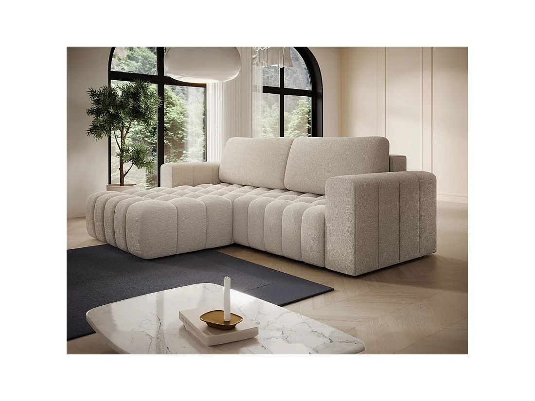 Canapé d'angle convertible DORY beige 250 cm avec coffre de rangement angle droit