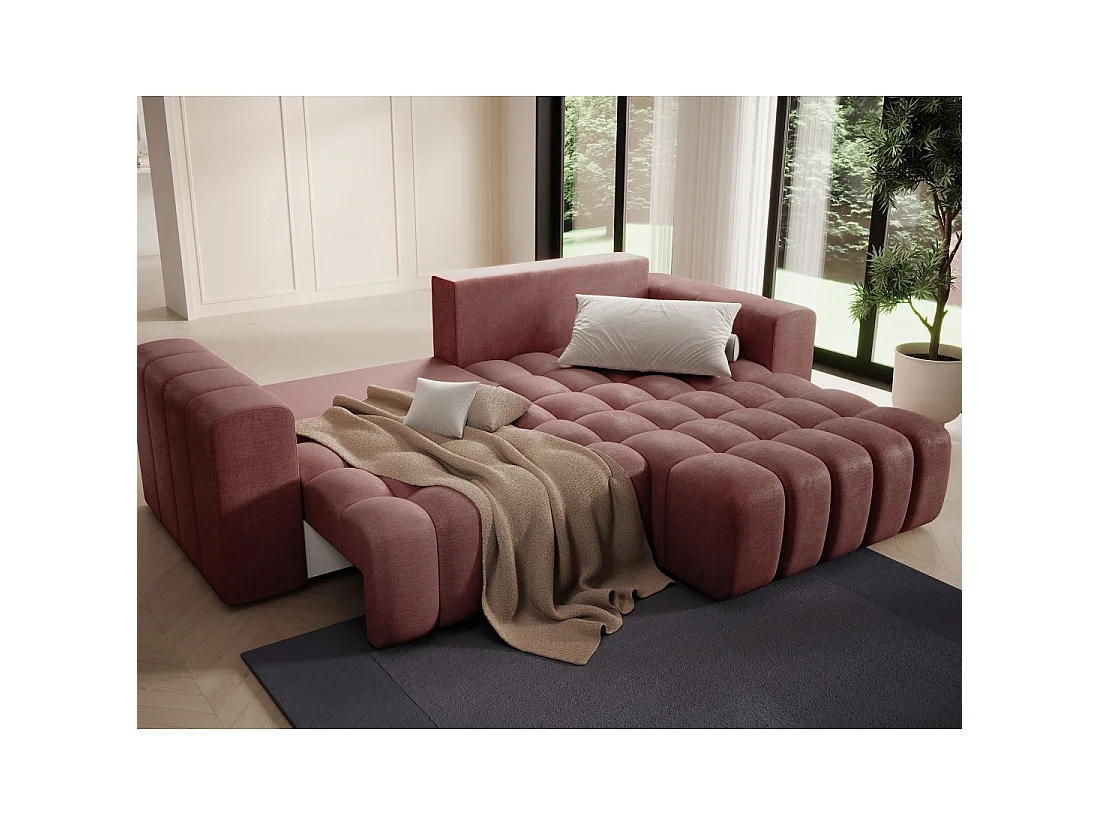 Canapé d'angle convertible DORY rose 250 cm avec coffre de rangement angle droit