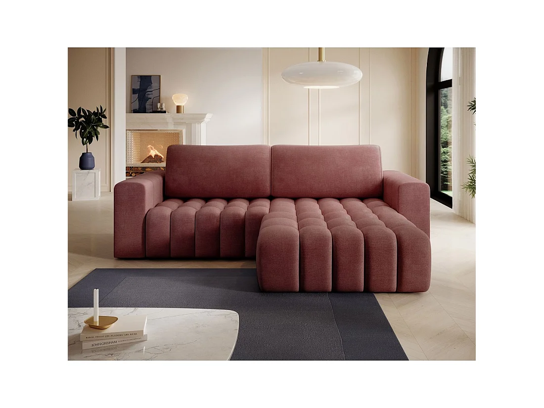 Canapé d'angle convertible DORY rose 250 cm avec coffre de rangement angle droit