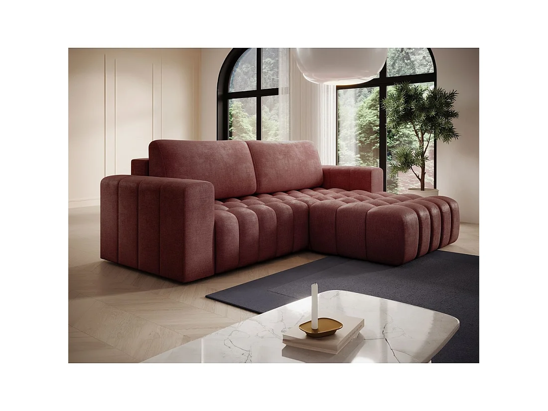 Canapé d'angle convertible DORY rose 250 cm avec coffre de rangement angle droit