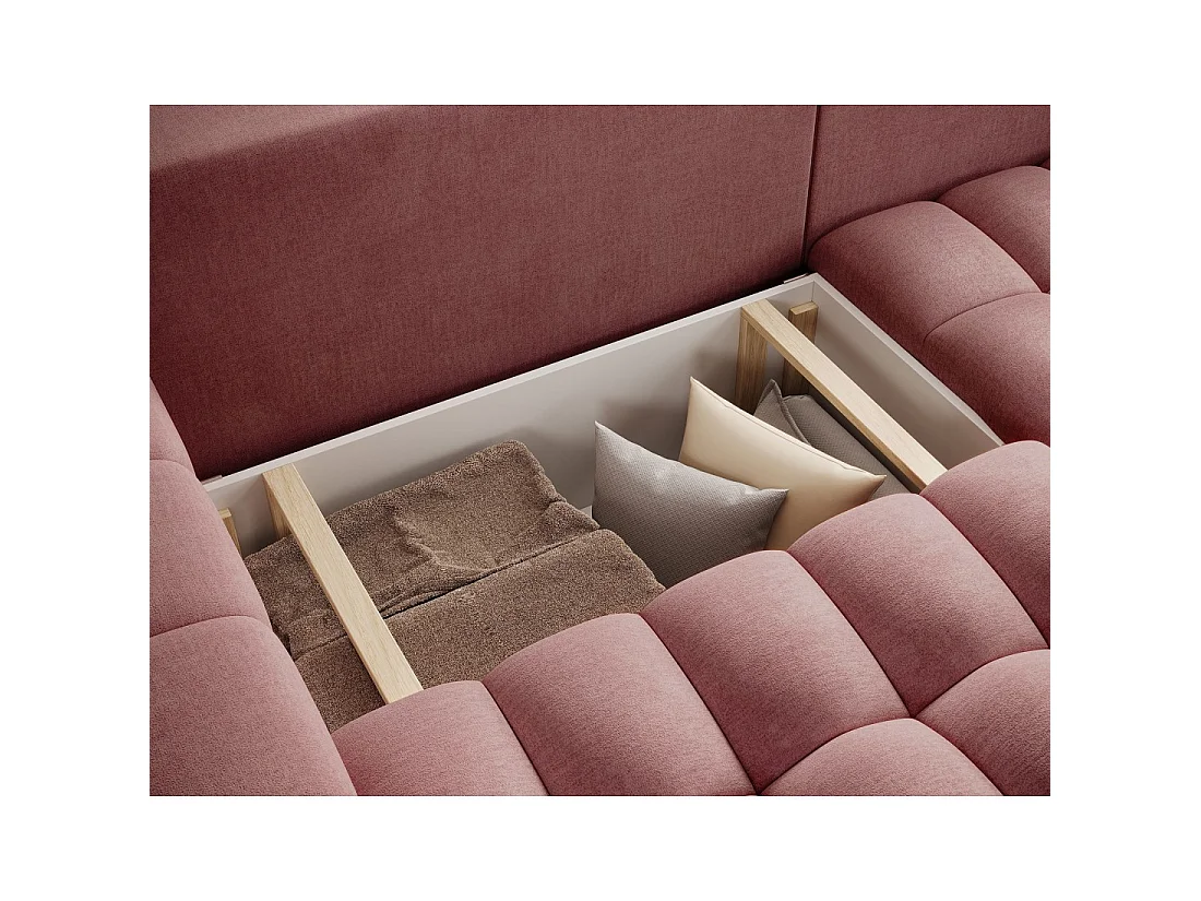 Canapé d'angle convertible DORY rose 250 cm avec coffre de rangement angle droit