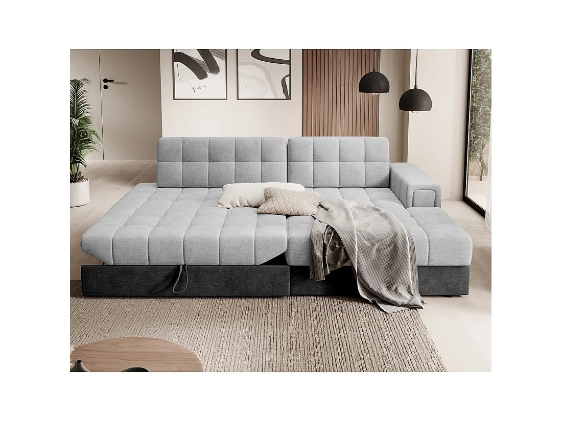 Canapé d'angle convertible CUBITO gris et noir 240 cm avec coffre et couchage
