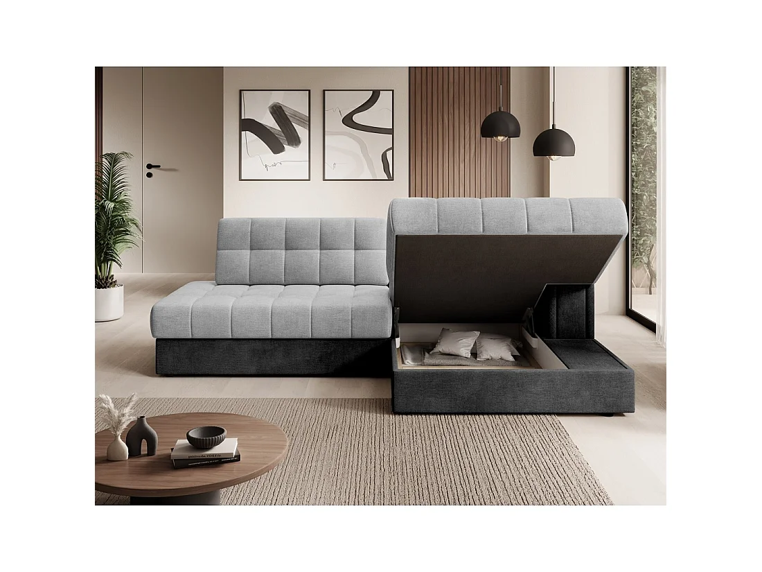 Canapé d'angle convertible CUBITO gris et noir 240 cm avec coffre et couchage