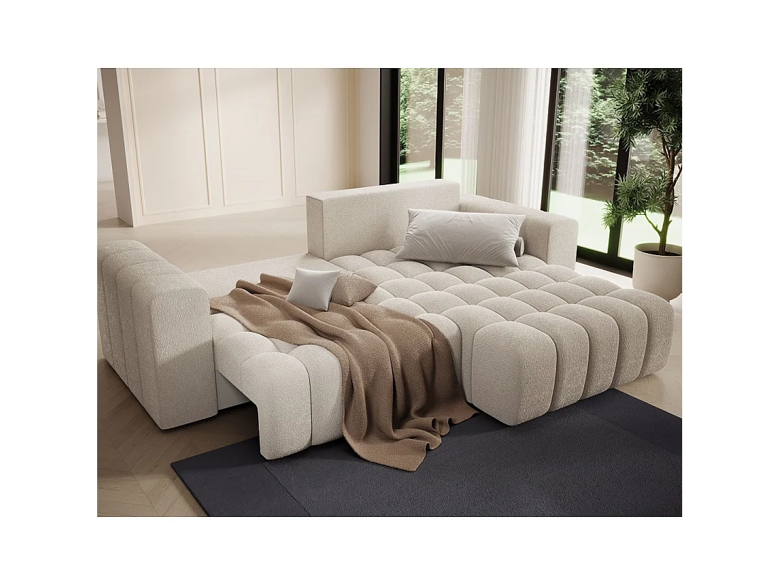 Canapé d'angle convertible DORY crème 250 cm avec coffre de rangement angle droit