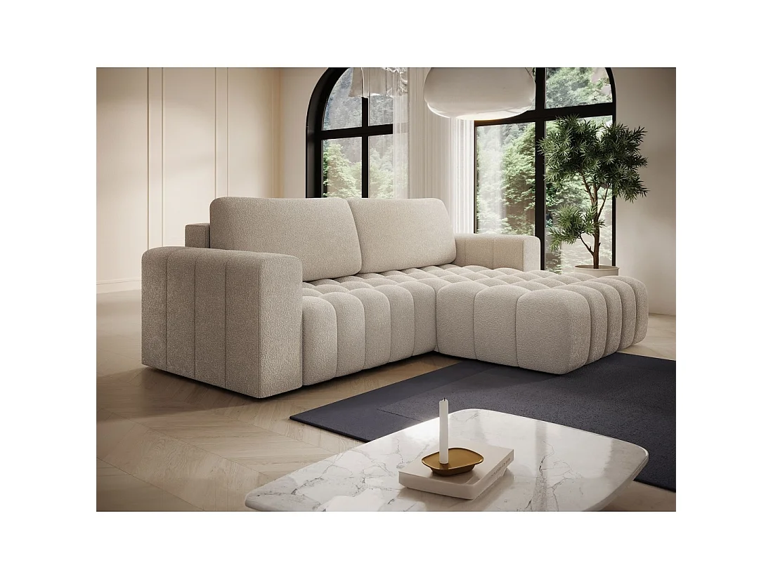 Canapé d'angle convertible DORY crème 250 cm avec coffre de rangement angle droit