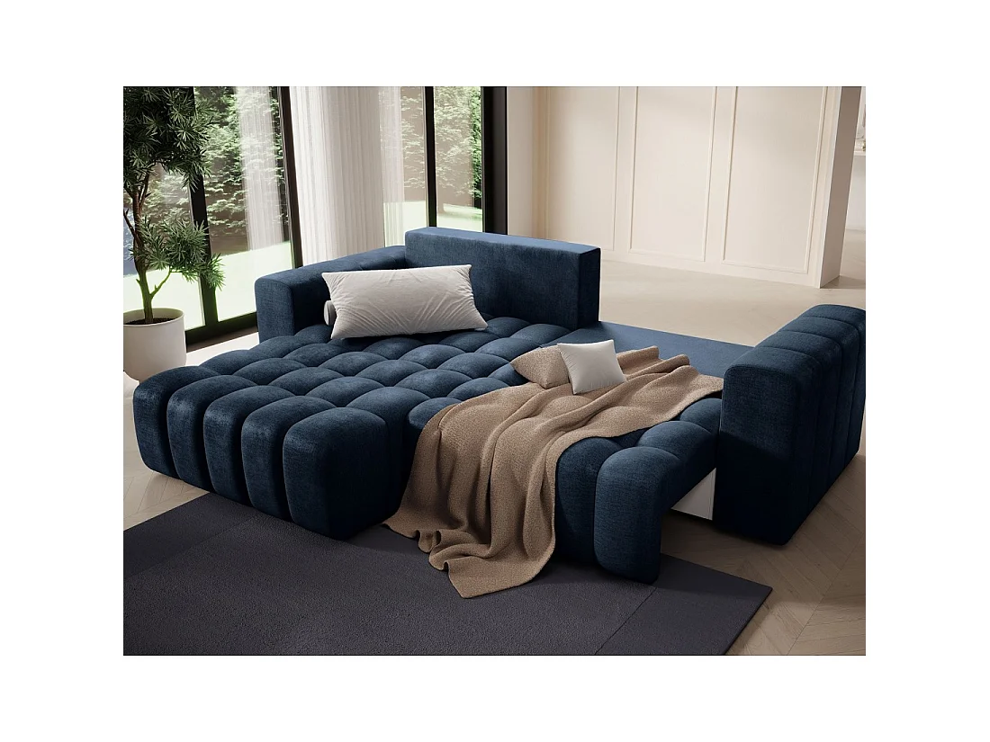 Canapé d'angle convertible DORY bleu foncé 250 cm avec coffre de rangement angle gauche