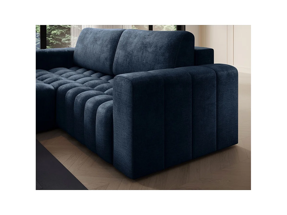 Canapé d'angle convertible DORY bleu foncé 250 cm avec coffre de rangement angle gauche