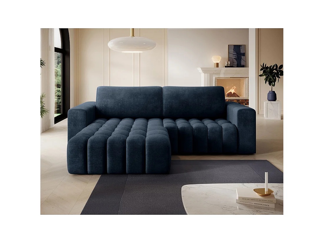 Canapé d'angle convertible DORY bleu foncé 250 cm avec coffre de rangement angle gauche