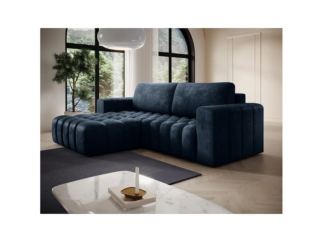 Canapé d'angle convertible DORY bleu foncé 250 cm avec coffre de rangement angle gauche