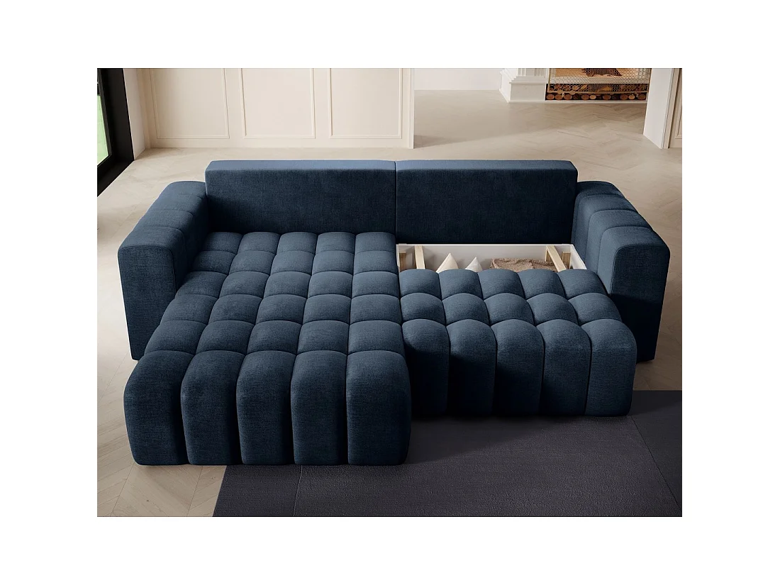 Canapé d'angle convertible DORY bleu foncé 250 cm avec coffre de rangement angle gauche