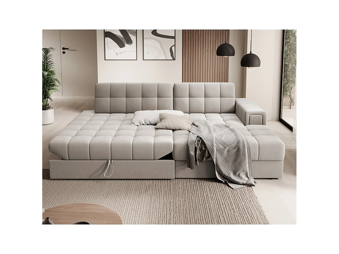 Canapé d'angle convertible CUBITO beige 240 cm avec coffre et couchage