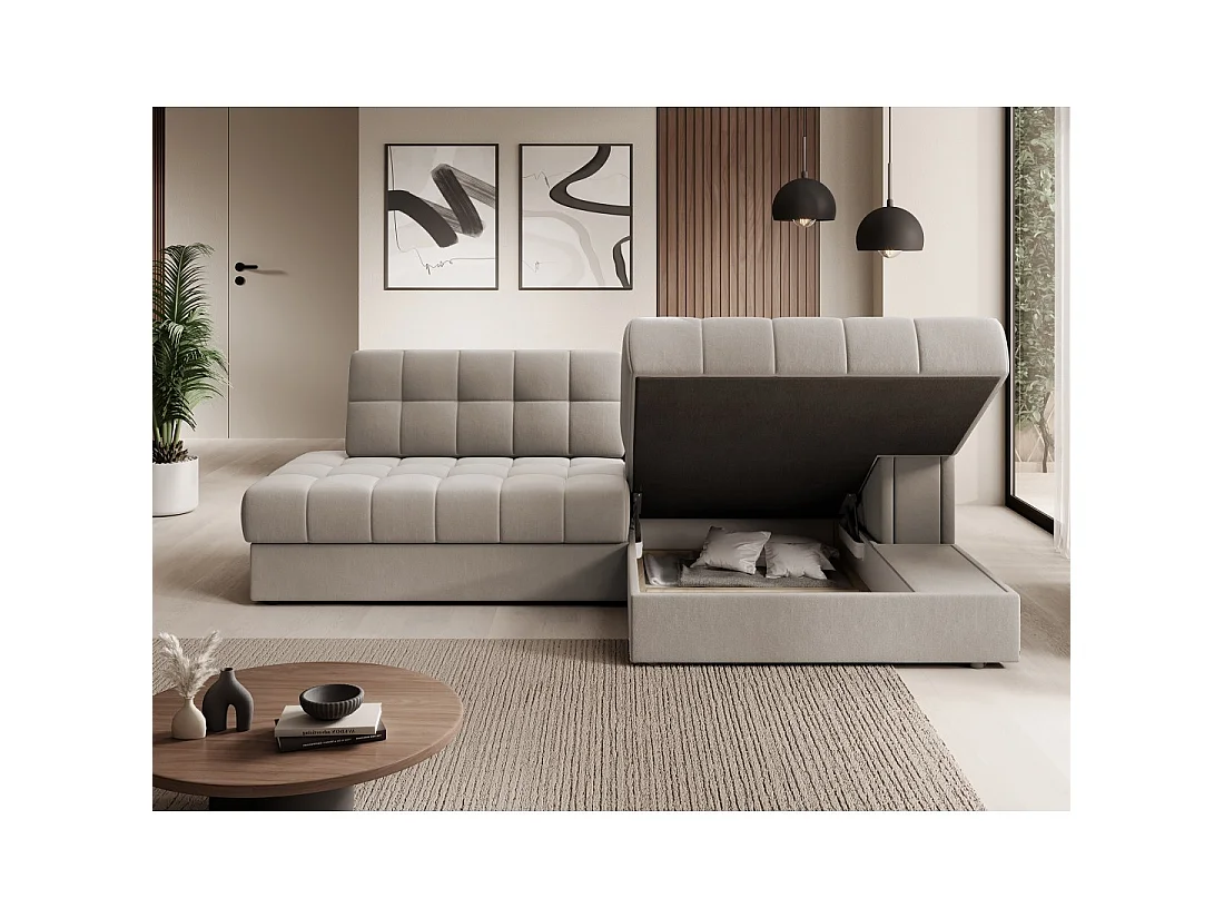 Canapé d'angle convertible CUBITO beige 240 cm avec coffre et couchage