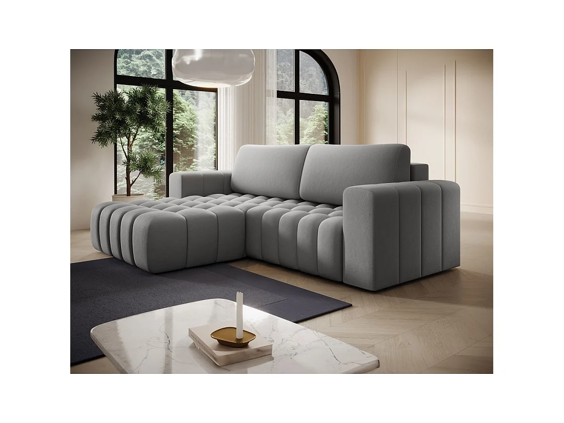 Canapé d'angle convertible DORY gris 250 cm avec coffre de rangement angle gauche