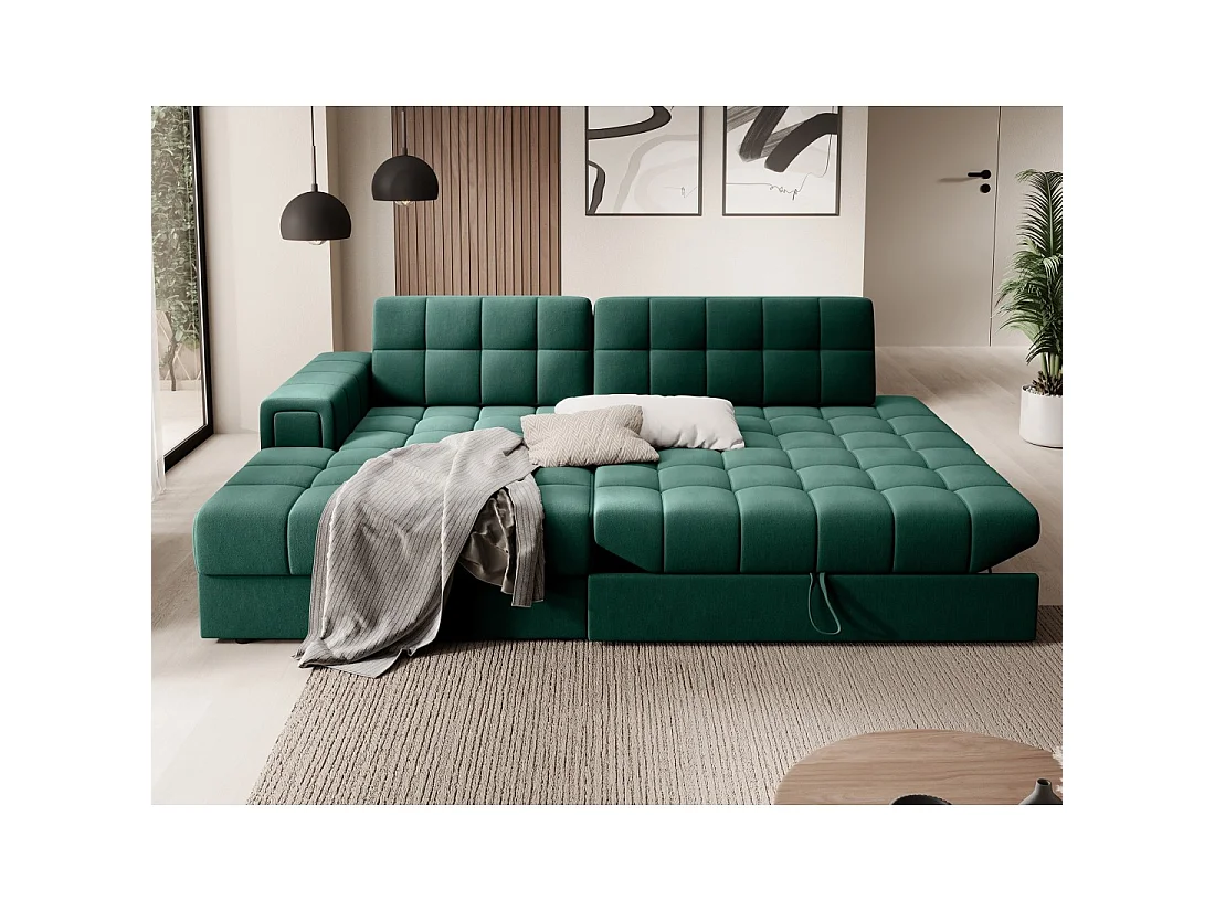 Canapé d'angle convertible CUBITO vert 240 cm avec coffre de rangement et couchage