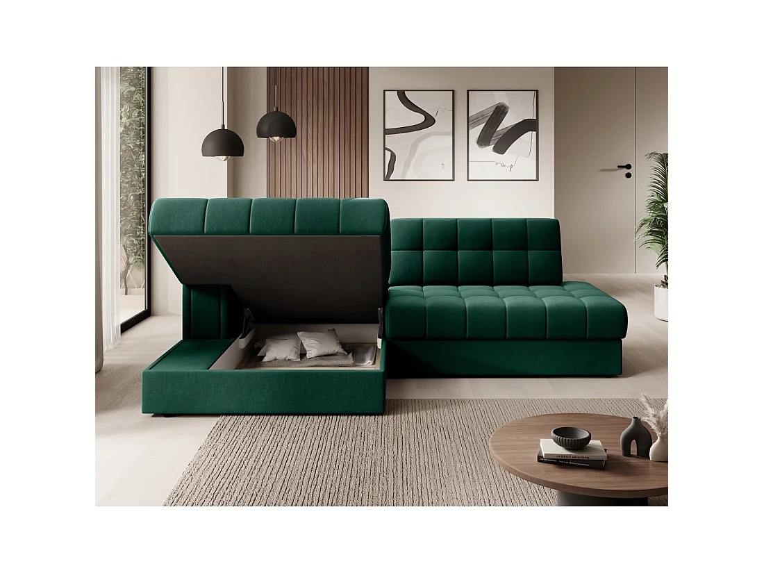 Canapé d'angle convertible CUBITO vert 240 cm avec coffre de rangement et couchage