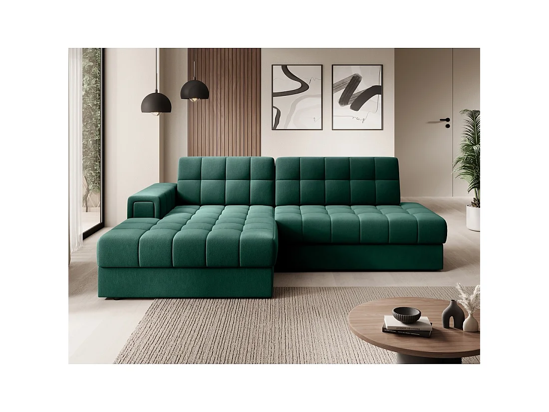 Canapé d'angle convertible CUBITO vert 240 cm avec coffre de rangement et couchage