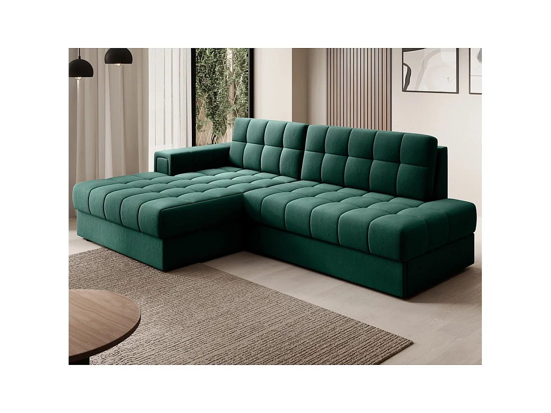 Canapé d'angle convertible CUBITO vert 240 cm avec coffre de rangement et couchage