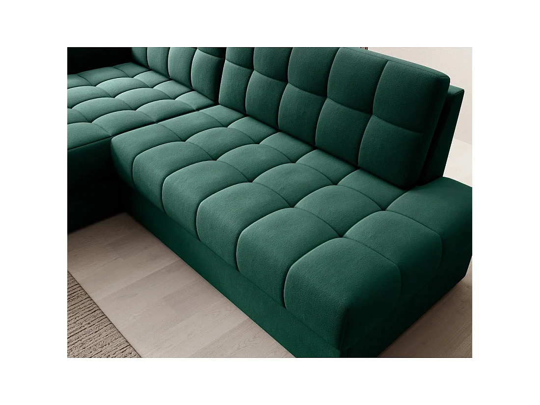 Canapé d'angle convertible CUBITO vert 240 cm avec coffre de rangement et couchage