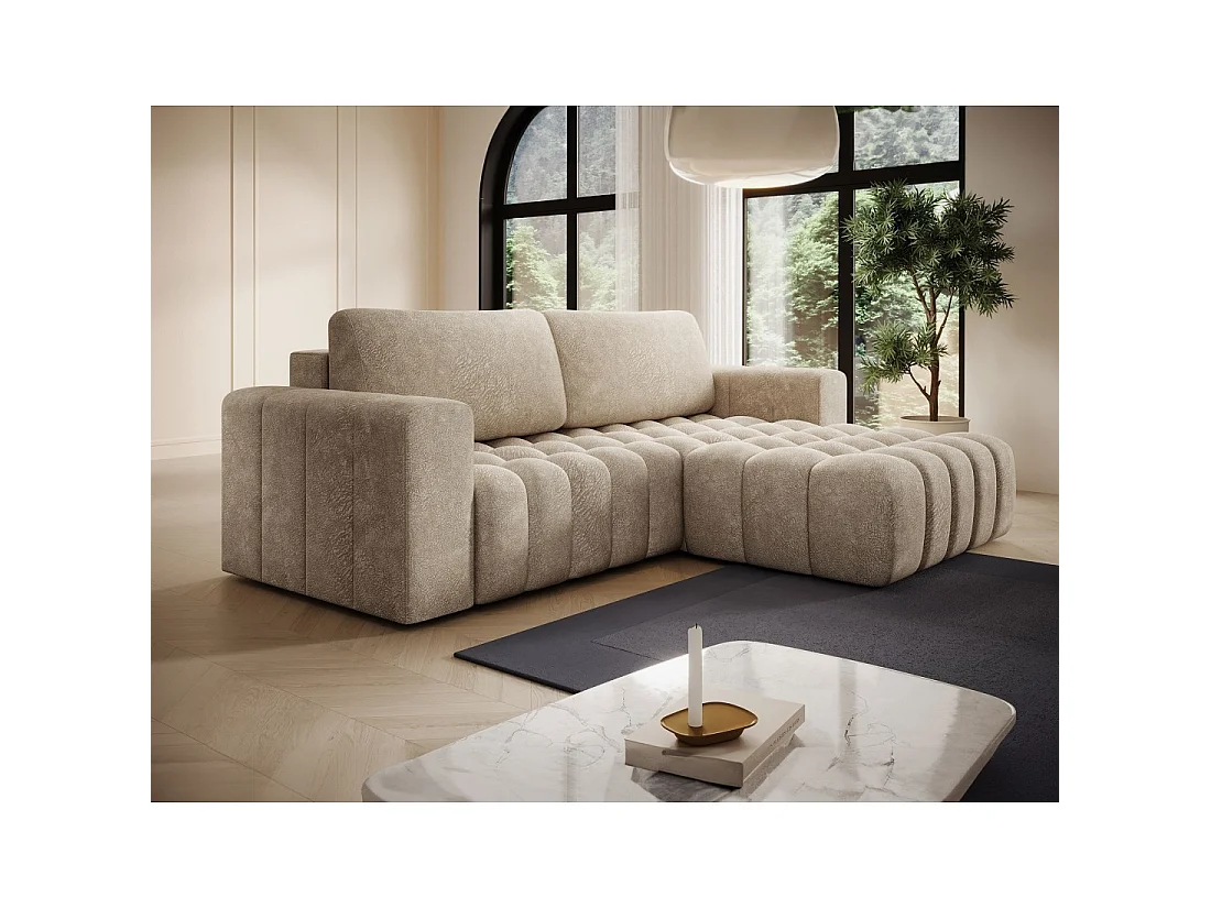 Canapé d'angle convertible DORY beige 250 cm avec coffre de rangement angle droit
