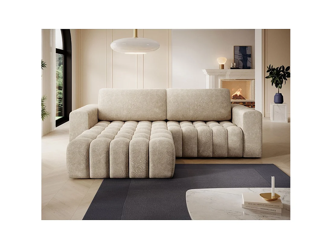 Canapé d'angle convertible DORY beige 250 cm avec coffre de rangement angle gauche