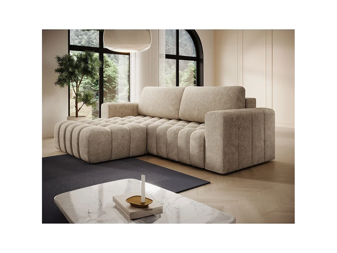 Canapé d'angle convertible DORY beige 250 cm avec coffre de rangement angle gauche