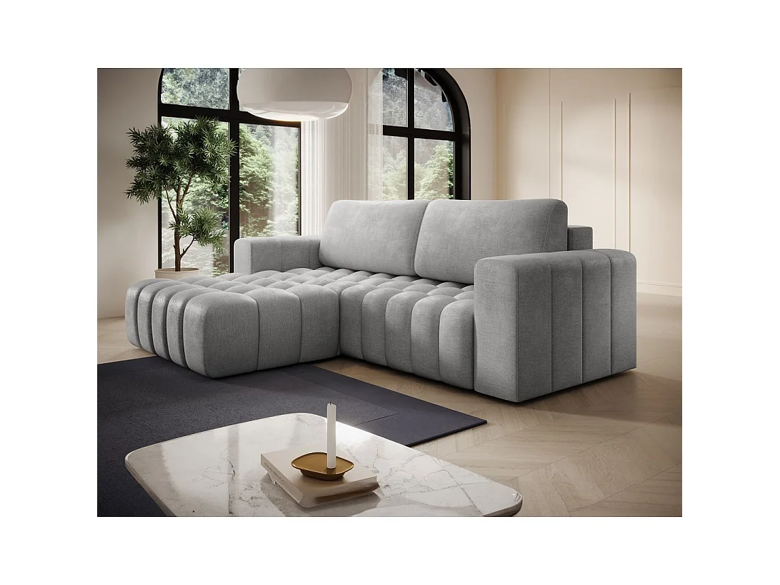 Canapé d'angle convertible DORY gris 250 cm avec coffre de rangement angle gauche