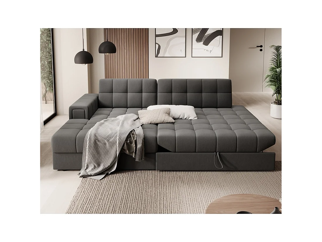 Canapé d'angle convertible CUBITO marron 240 cm avec coffre de rangement et couchage