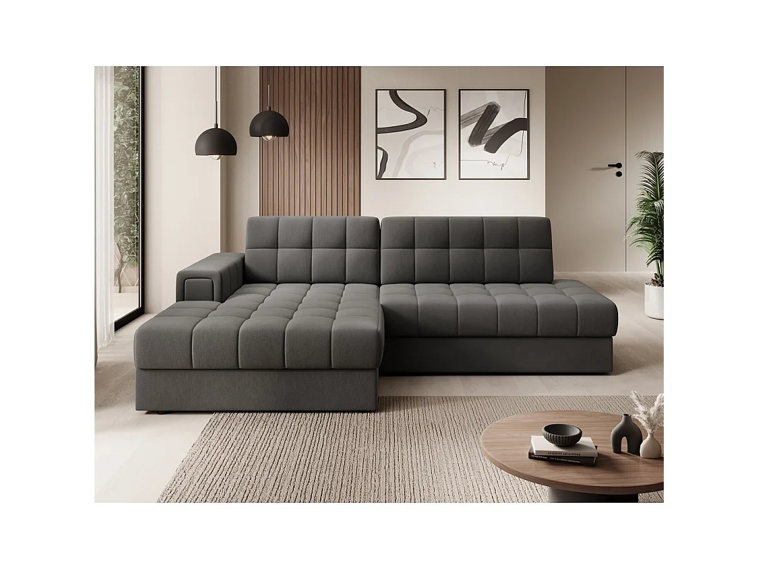 Canapé d'angle convertible CUBITO marron 240 cm avec coffre de rangement et couchage