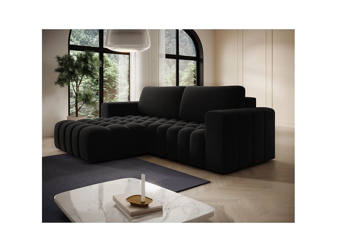 Canapé d'angle convertible DORY noir 250 cm avec coffre de rangement angle gauche