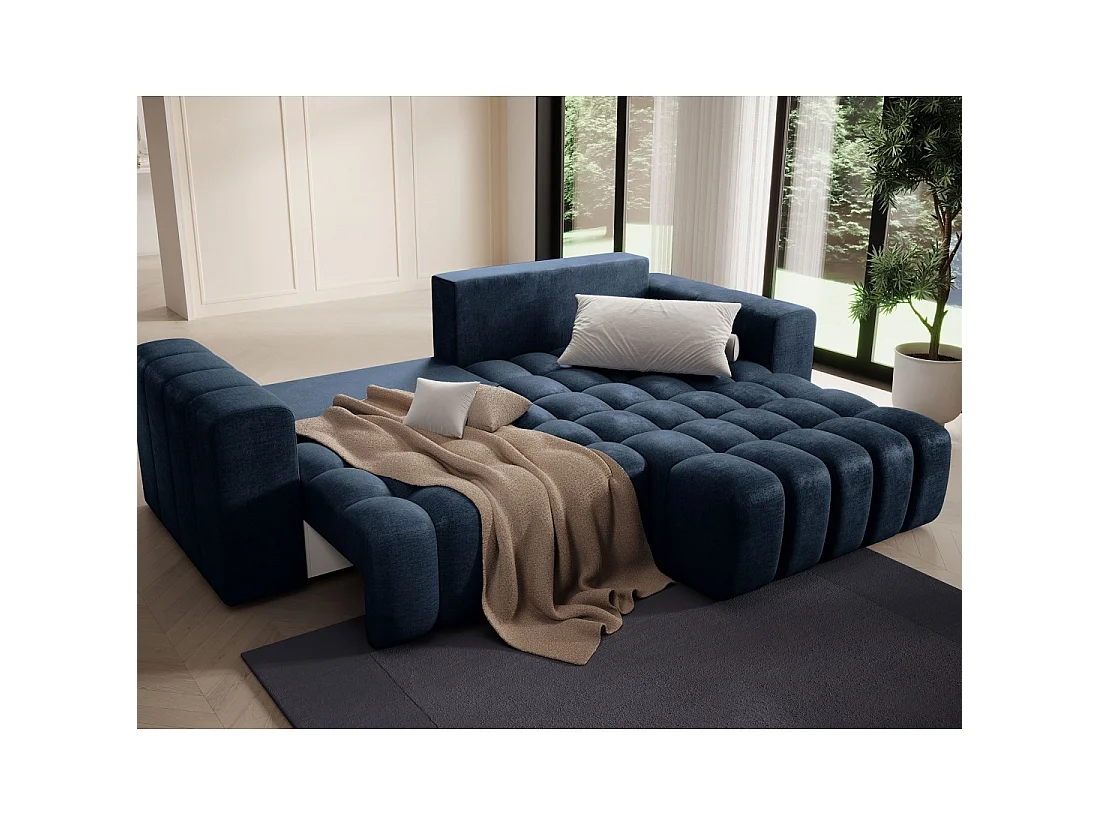 Canapé d'angle convertible DORY bleu foncé 250 cm avec coffre de rangement angle droit