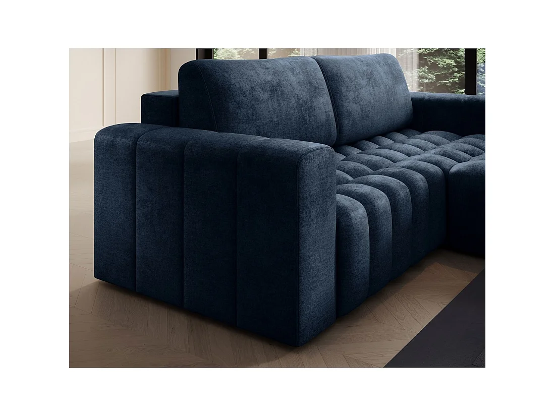 Canapé d'angle convertible DORY bleu foncé 250 cm avec coffre de rangement angle droit