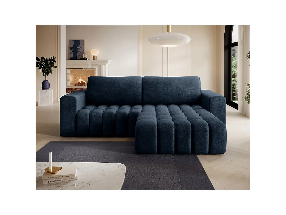 Canapé d'angle convertible DORY bleu foncé 250 cm avec coffre de rangement angle droit