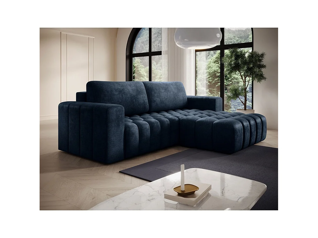 Canapé d'angle convertible DORY bleu foncé 250 cm avec coffre de rangement angle droit