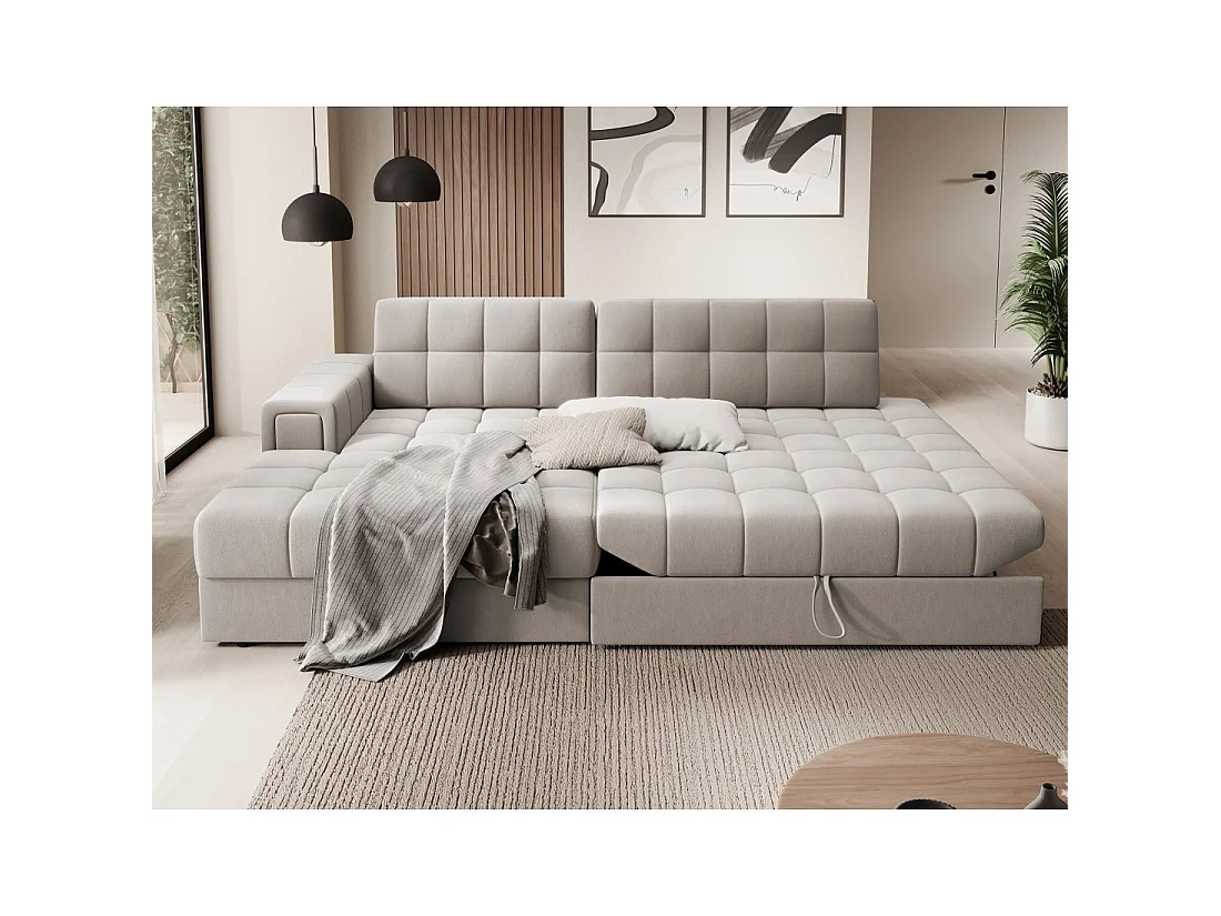Canapé d'angle convertible CUBITO beige 240 cm avec coffre de rangement et couchage