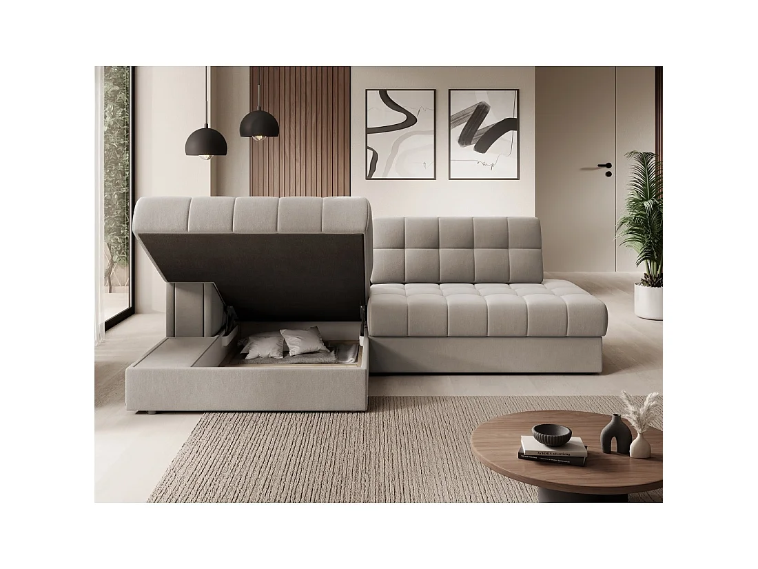 Canapé d'angle convertible CUBITO beige 240 cm avec coffre de rangement et couchage