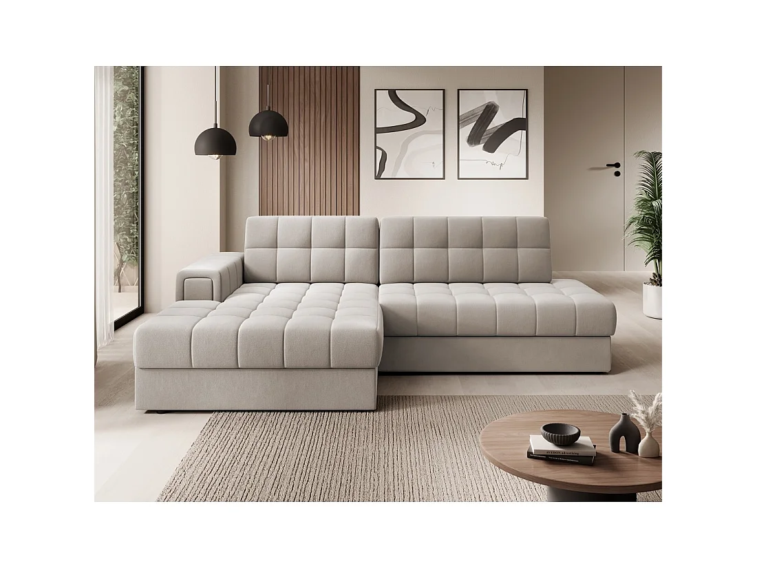 Canapé d'angle convertible CUBITO beige 240 cm avec coffre de rangement et couchage