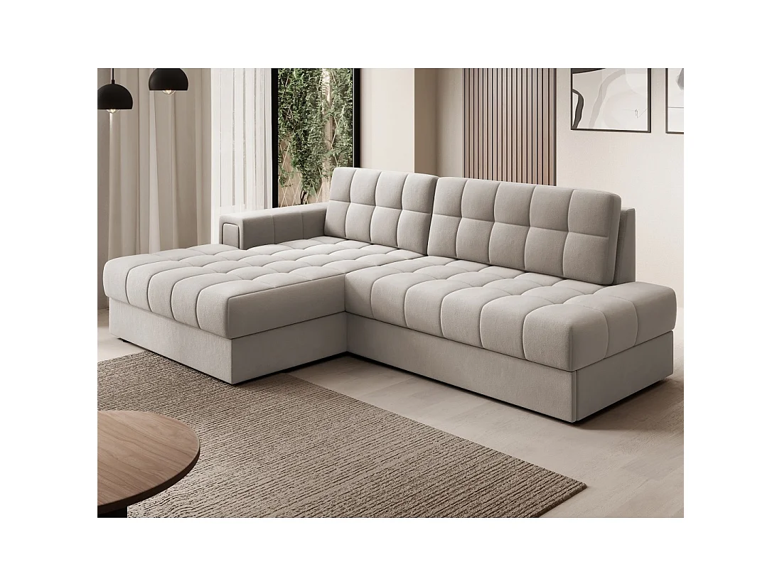 Canapé d'angle convertible CUBITO beige 240 cm avec coffre de rangement et couchage