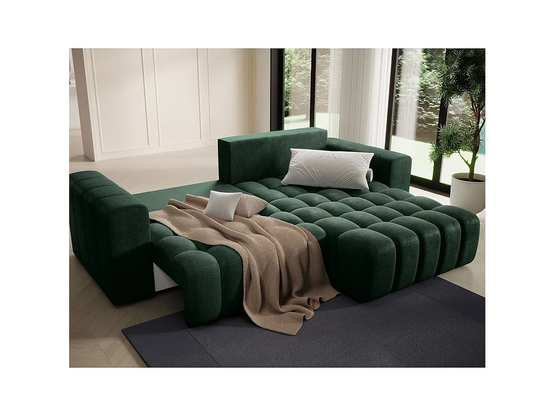 Canapé d'angle convertible DORY vert foncé 250 cm avec coffre de rangement angle droit