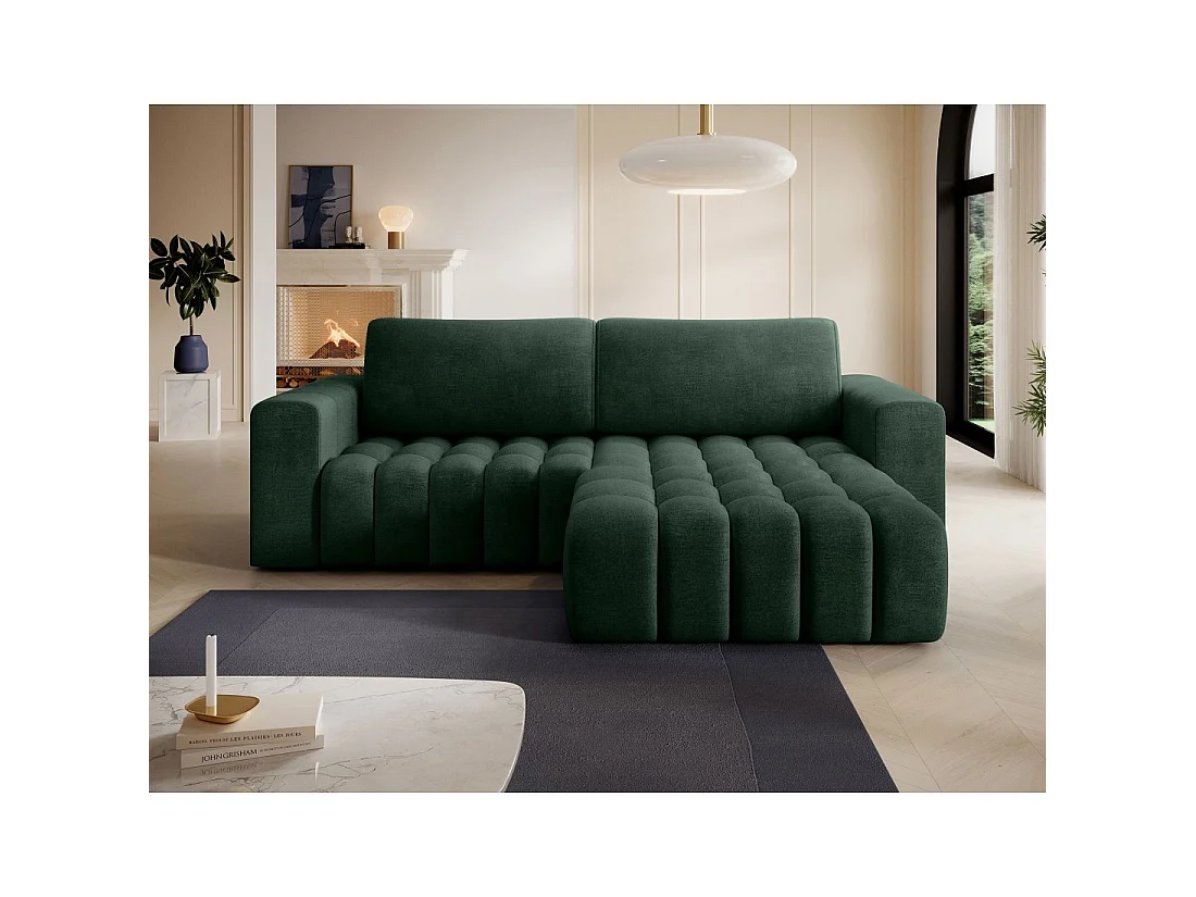 Canapé d'angle convertible DORY vert foncé 250 cm avec coffre de rangement angle droit