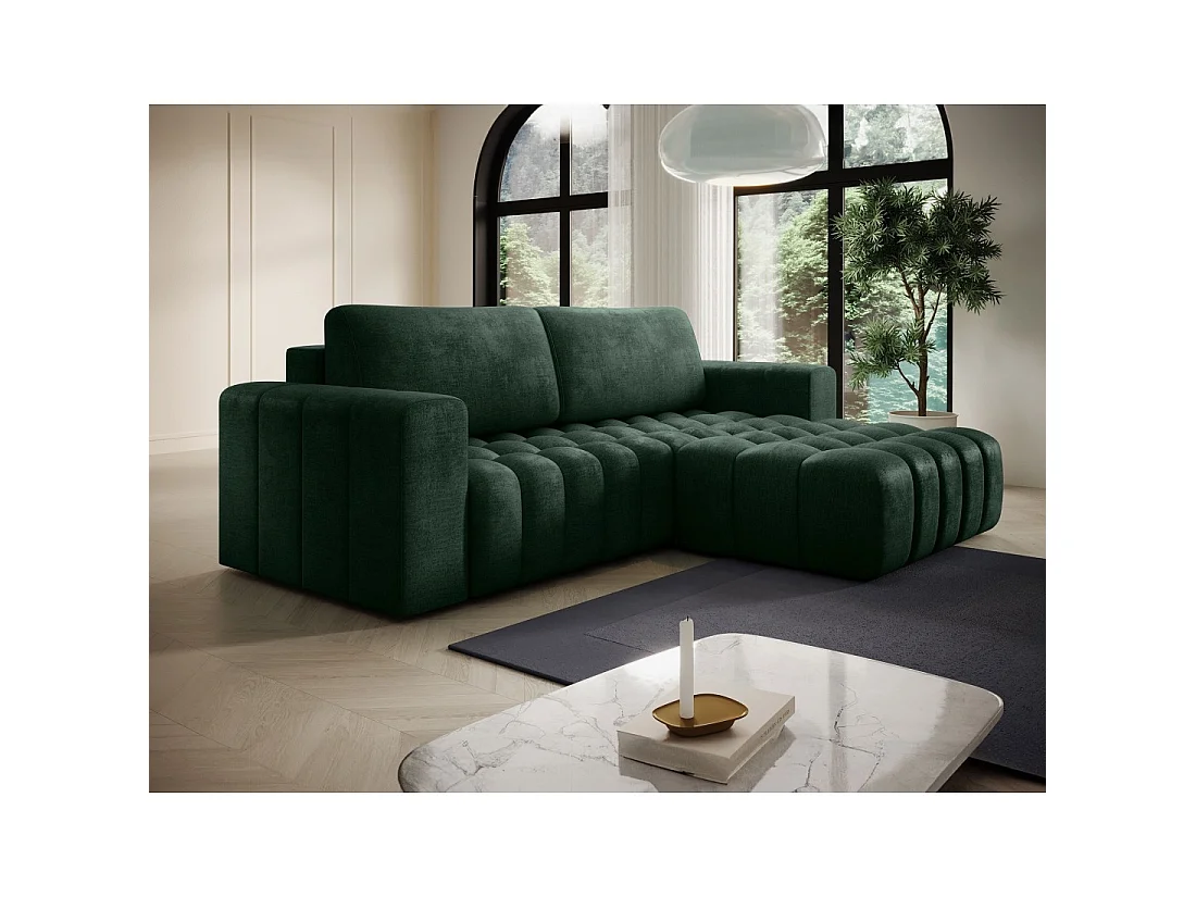 Canapé d'angle convertible DORY vert foncé 250 cm avec coffre de rangement angle droit