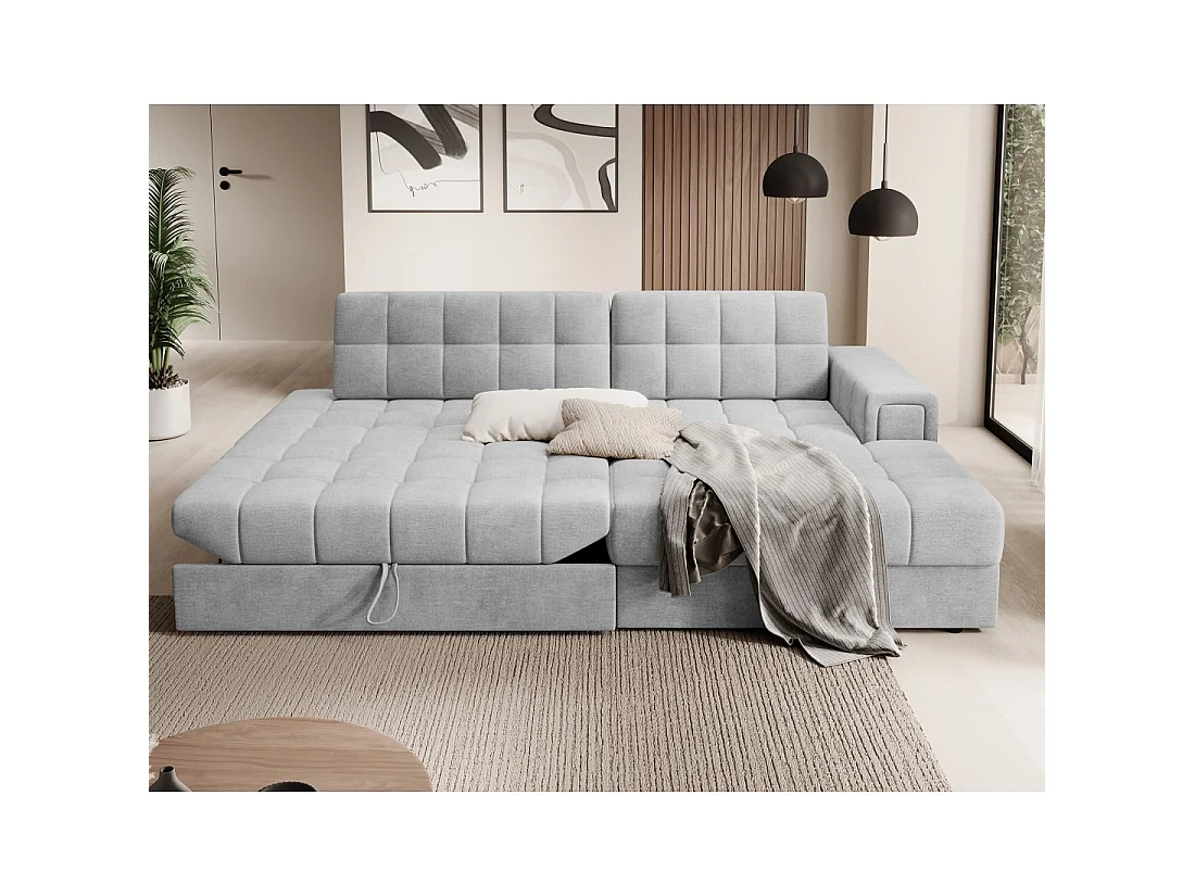 Canapé d'angle convertible CUBITO gris 240 cm avec coffre et couchage