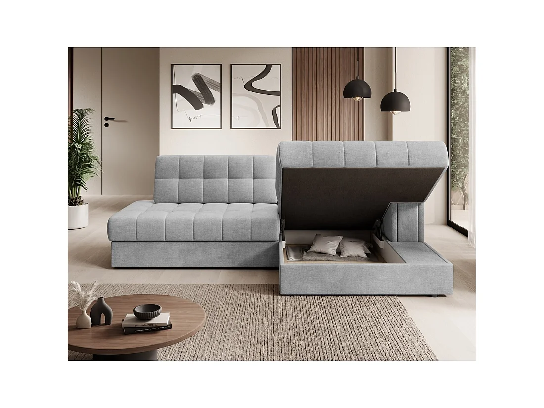 Canapé d'angle convertible CUBITO gris 240 cm avec coffre et couchage