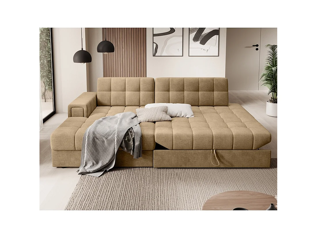 Canapé d'angle convertible CUBITO beige 240 cm avec coffre de rangement et couchage