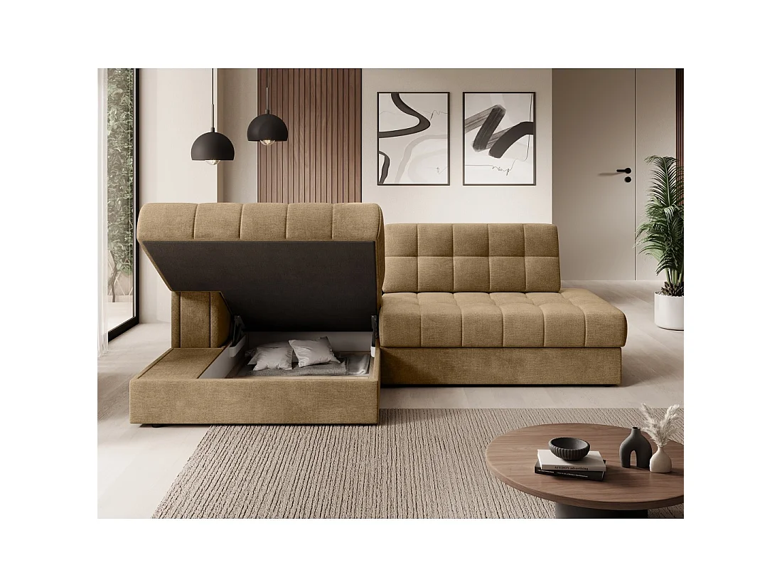 Canapé d'angle convertible CUBITO beige 240 cm avec coffre de rangement et couchage