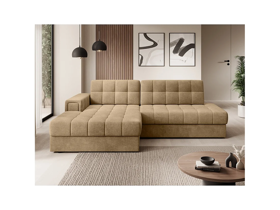 Canapé d'angle convertible CUBITO beige 240 cm avec coffre de rangement et couchage