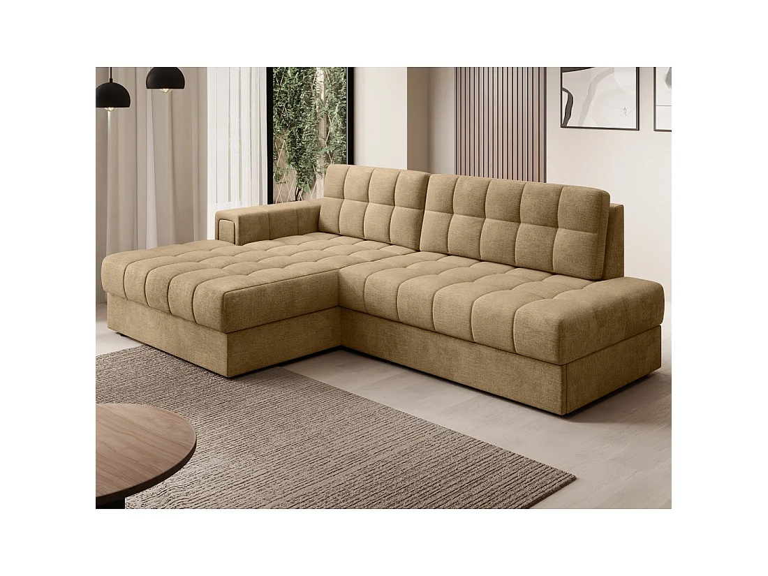 Canapé d'angle convertible CUBITO beige 240 cm avec coffre de rangement et couchage