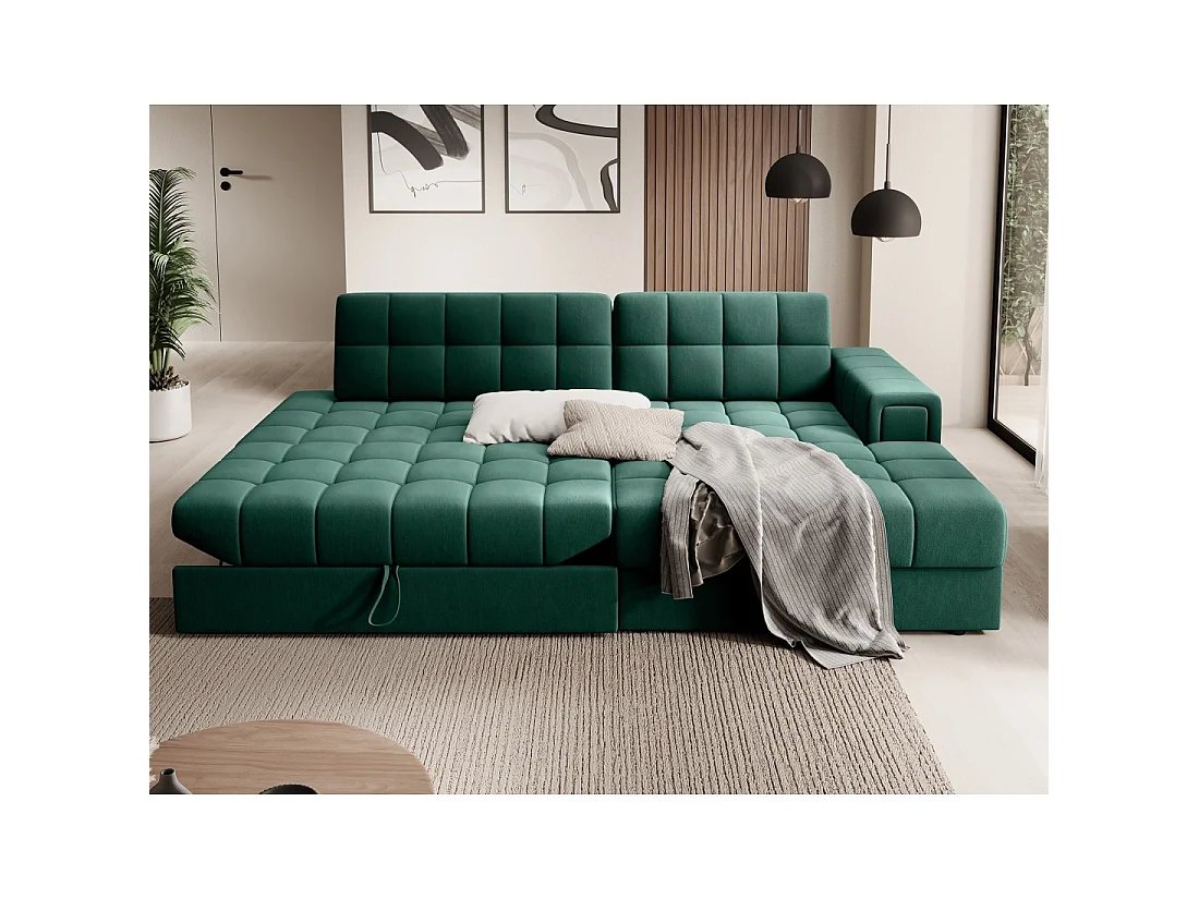 Canapé d'angle convertible CUBITO vert 240 cm avec coffre et couchage