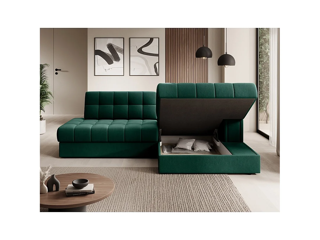Canapé d'angle convertible CUBITO vert 240 cm avec coffre et couchage