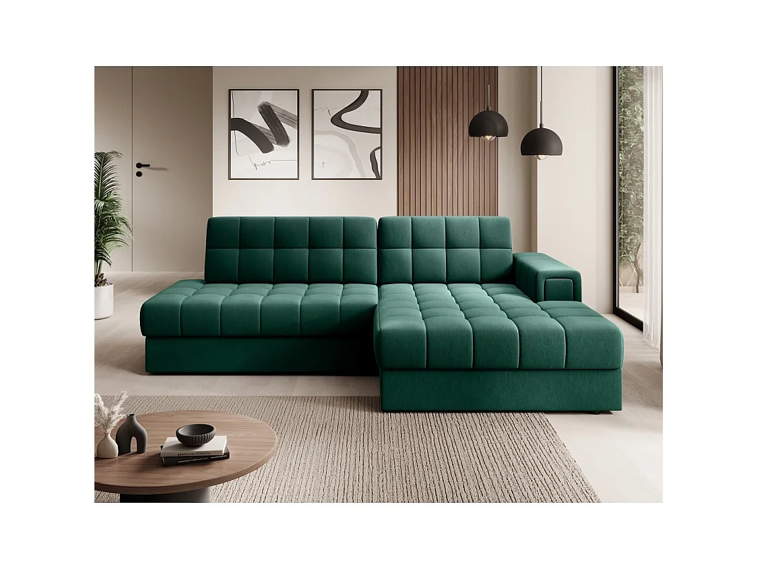 Canapé d'angle convertible CUBITO vert 240 cm avec coffre et couchage