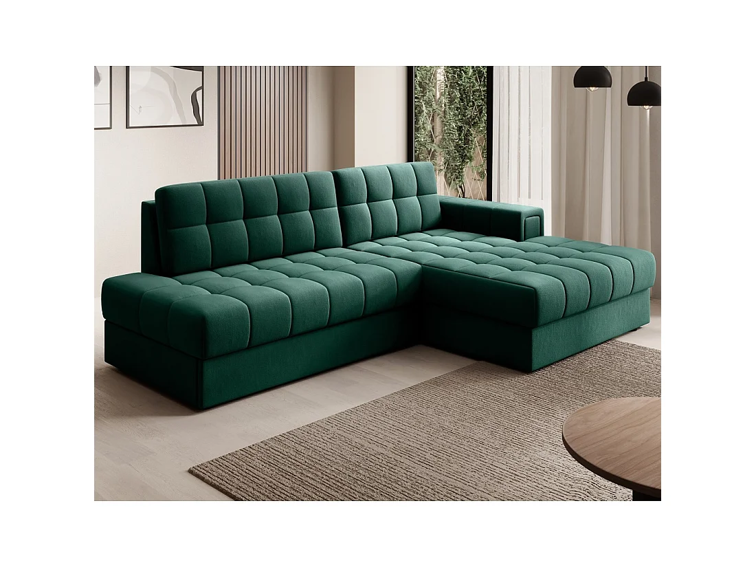 Canapé d'angle convertible CUBITO vert 240 cm avec coffre et couchage